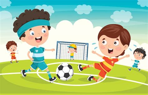 Premium Vector | Little children playing football outdoor