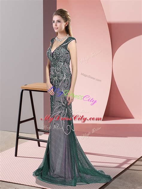 Peacock Green Mermaid Tulle V-neck Sleeveless Beading Zipper Homecoming ...