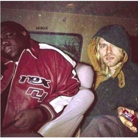 Notorious B.I.G. pictured with Kurt Cobain in 1990s. Tupac is holding the pack of Smokes ...