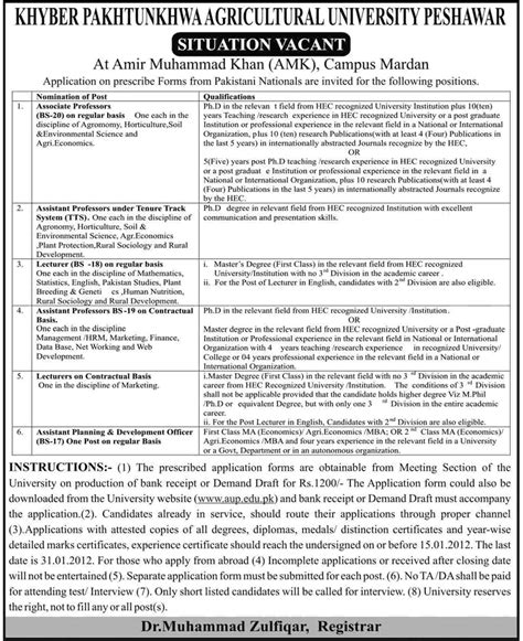 KPK Agriculture University Peshawar Required Faculty in Peshawar, Dawn on 03-Dec-2011 | Jobs in ...