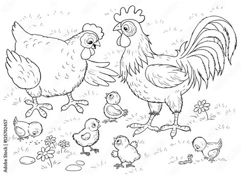 At the farm. Cute hen, rooster and their chicks. Illustration for children. Coloring book ...