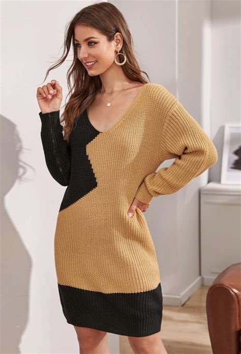 Women's Autumn Casual V-Neck Loose Sweater Dress | Sweater dress ...