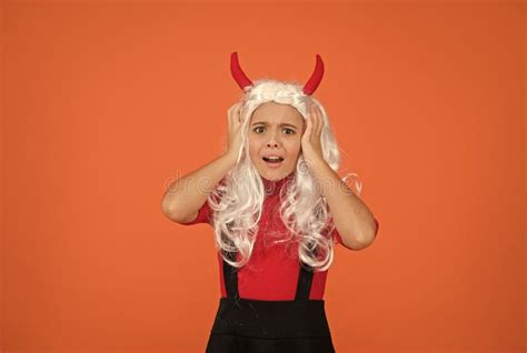 Shocked Girl Wear Devil Horns and Touch White Wig Halloween Costume, Scary Halloween Stock Photo ...