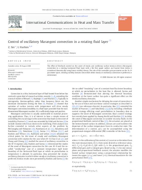 (PDF) Control of oscillatory Marangoni convection in a rotating fluid layer | ZAILAN SIRI ...