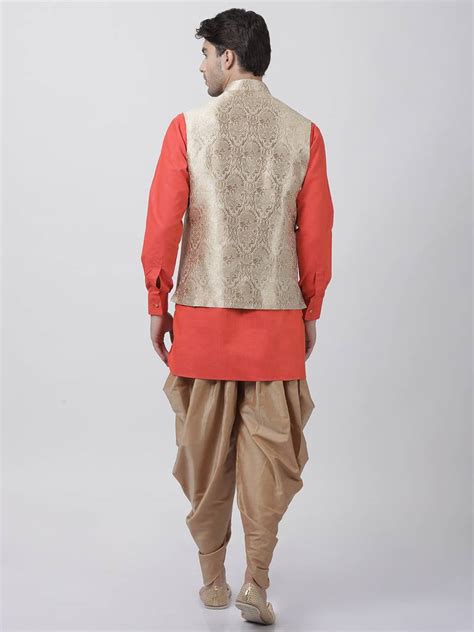 Orange Plain Blended Cotton Dhoti-Kurta - VASTRAMAY - 3026212