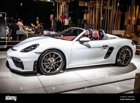 Brussels, Belgium, Jan 09, 2020: white Porsche 718 Boxster Spyder at Brussels Motor Show, Fourth ...