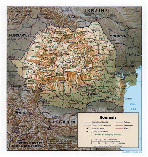 Large detailed political and administrative map of Romania with relief, roads, railroads and ...