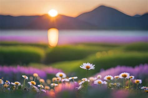 Premium AI Image | a flower in a field of daisies at sunset.