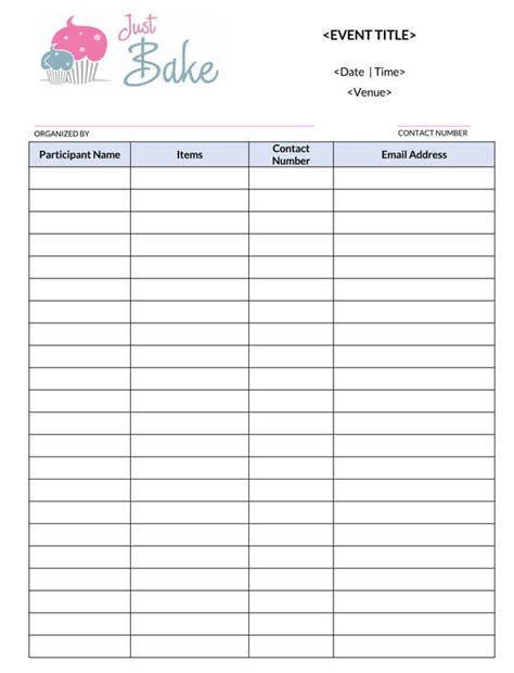 Bake Sale Sign Up Sheet - Document Templates