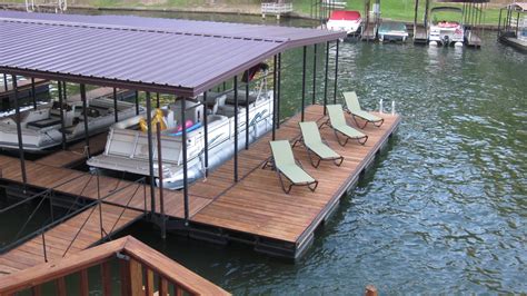 Multiple slip floating boat dock with patio. Dock design and construction by Williamson Boat ...