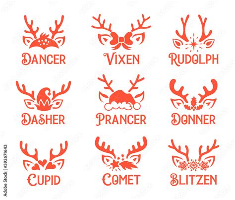 Vettoriale Stock Christmas reindeer names. Set of vector silhouettes of ...