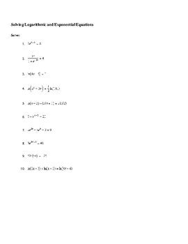 Solving Logarithmic and Exponential Equations Worksheet by Sarah Dragoon