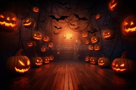 Halloween Attic or Basement Background, Pumpkins in Spooky House Stock ...