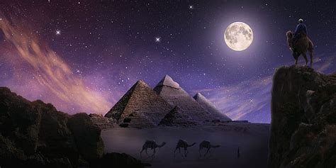 Camels Egypt Giza Crag Desert Fantasy Moon Pyramid Night HD wallpaper ...