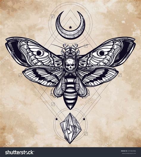 Death's head hawk moth with moons and stones. Design tattoo art ...