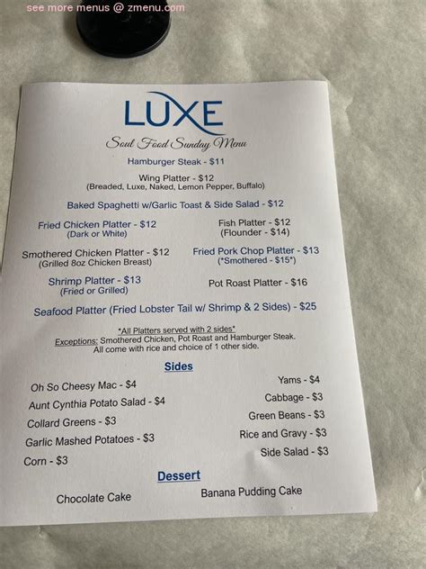 Menu at Luxe Restaurant & Lounge, Greensboro, 709 E Market St #205