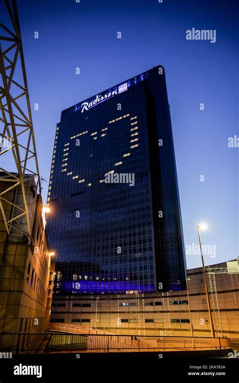 Oslo 20200401. Radisson Blu Oslo Plaza has formed a heart in the ...