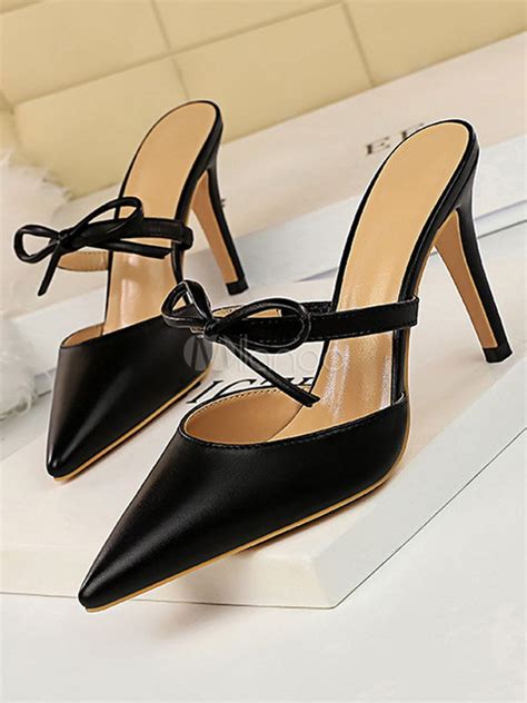 High Heel Mules Black Pointed Toe Bow Backless Mule Shoes For Women ...