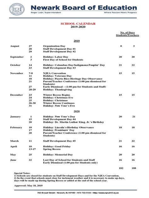 Newark Public Schools CALENDAR SY 2019-2020 | Holidays | Traditions