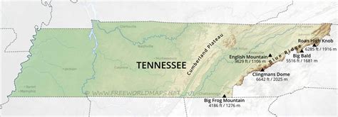 Physical map of Tennessee