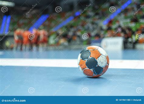 Handball ball on the pitch stock photo. Image of aerial - 141961180