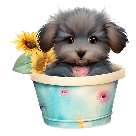 Cute Puppy with Sunflowers · Creative Fabrica