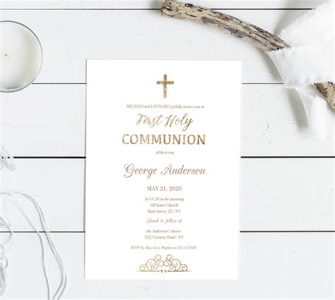 Gold Elegant First Communion invitation printable for boy and girl, INSTANT Download editable ...