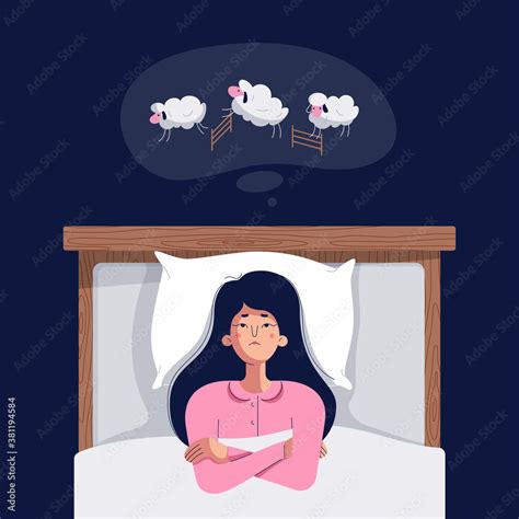 Insomnia concept. Cute young woman counting sheep. Sleepless girl lying ...