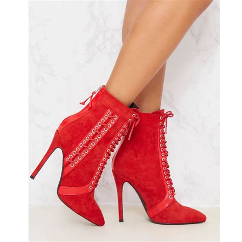 Women Ankle Booties Fashion Red Suede Lace Up Pointed Toe High Heel Boots 10cm Punk Style Martin ...