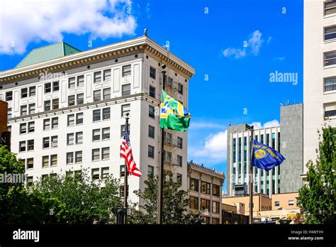 Portland City flag, Oregon State flag and the National American flag in ...