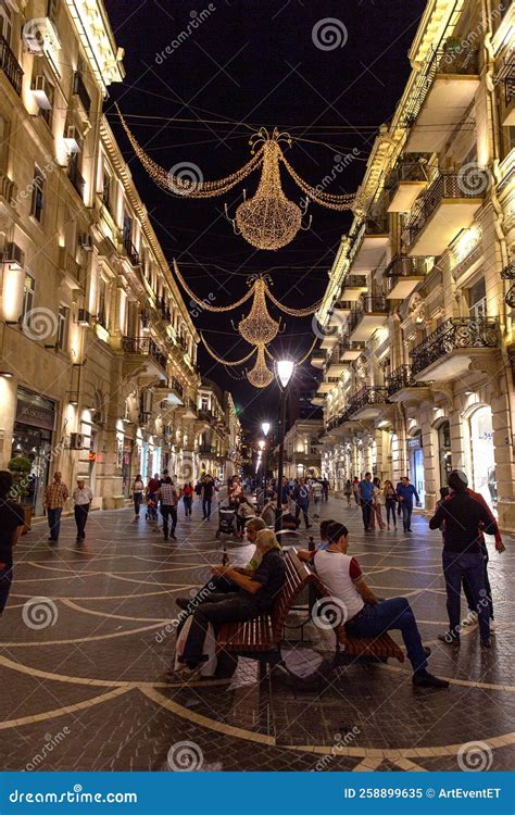 Nizami Street with Bright Night Illumination. Shopping Center of Baku ...