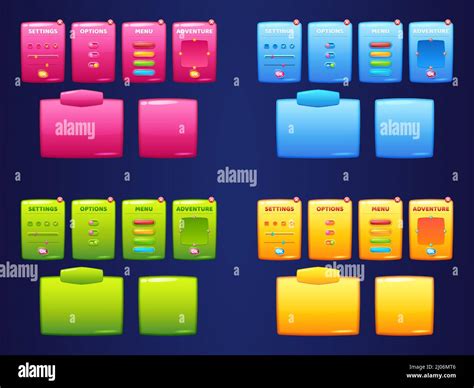 Game menu interface windows, cartoon options, settings, adventure plates with ui buttons ...