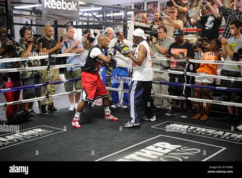 Boxer Floyd Mayweather Jr. trains front media Mayweather Boxing Gym ...