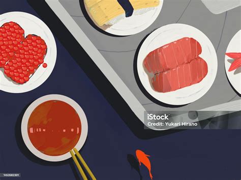 Conveyor Belt Sushi Stock Illustration - Download Image Now - Dinner ...