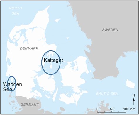 Map showing Denmark with the two regions, Kattegat and the Wadden Sea,... | Download Scientific ...