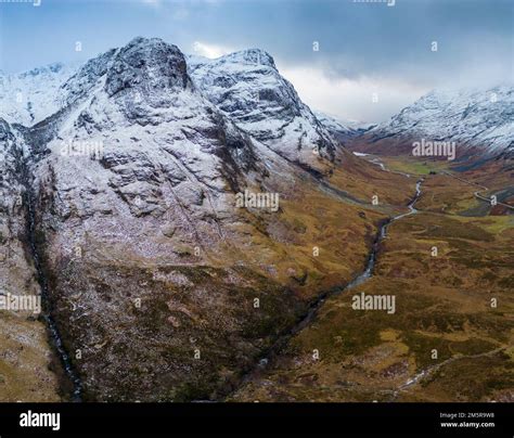 Aerial view of mountains in Glen Coe in winter snow, Scottish Highlands, Scotland, UK Stock ...