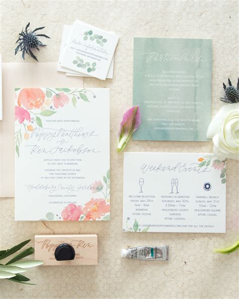 Whimsical Poppy and Eucalyptus Watercolor Wedding Invitations