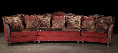 Red sectional sofa, couch. Leather patchwork