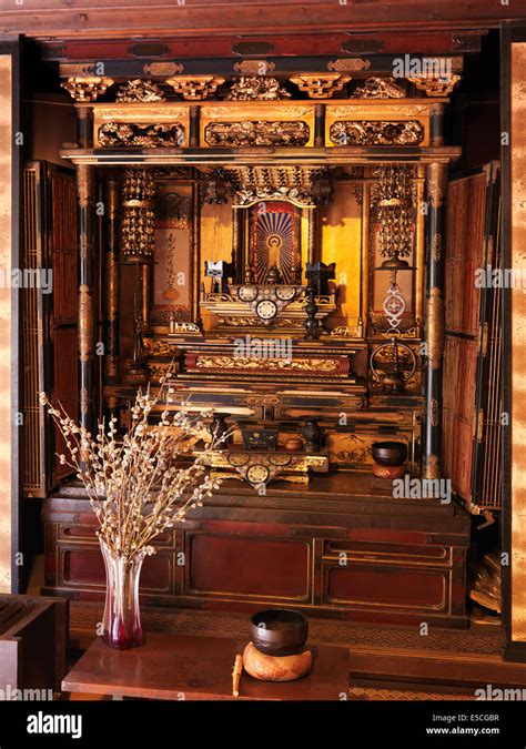 Butsudan Japanese Buddhist altar in a historic Japanese house at Gero Onsen Gassho Village, Gifu ...