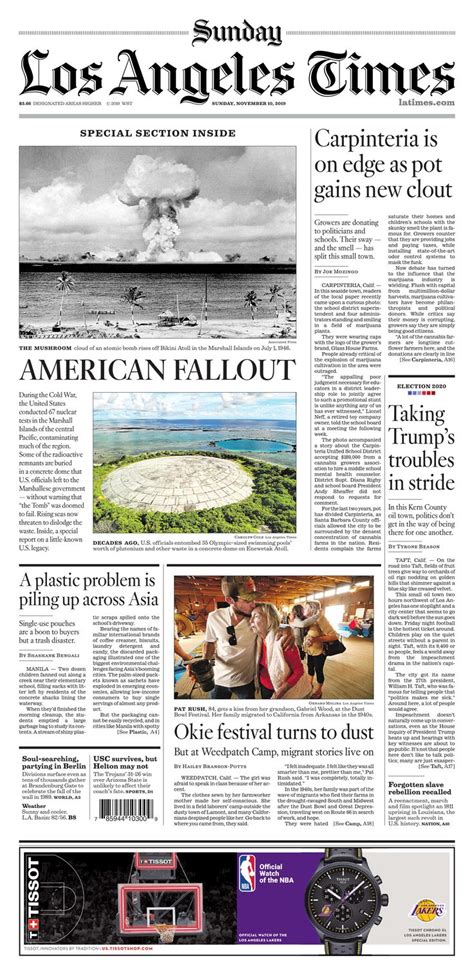 Los Angeles Times 10 NOV 2019 | Newspaper front pages, Los angeles, Newspaper