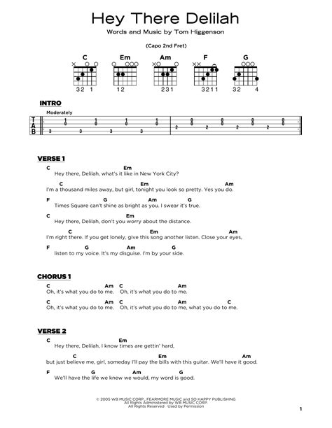 Hey There Delilah by Plain White T's Sheet Music for Really Easy Guitar ...