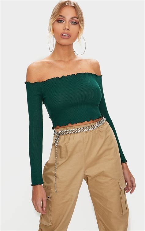 Emerald Green Frill Edge Crop Top Green Shirt Outfits, Top Summer ...