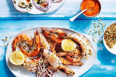 Grilled seafood platter with romesco sauce and herb crumbs - Recipes ...