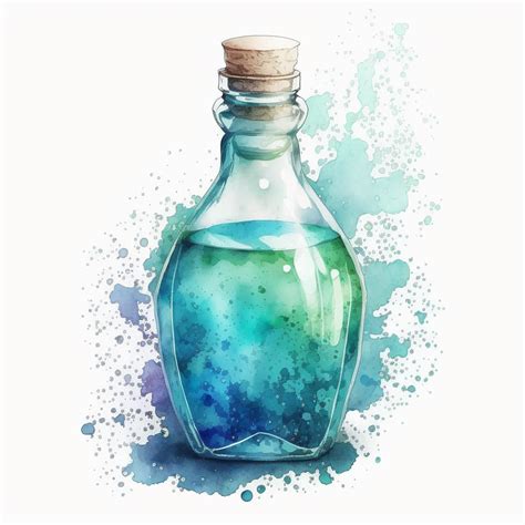 Watercolor potion bottle: Paint a tall, skinny, thick glass, half empty potion bottle with ...