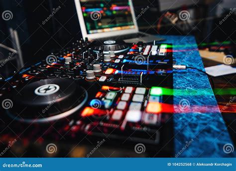 Music Equipment and DJ Mixer To Play Music in the Nightclub at Party and Striking Effects Stock ...