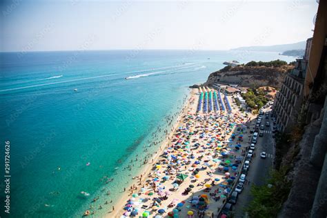 Tropea, public beach in Tropea from the top, overlooking the beach ...