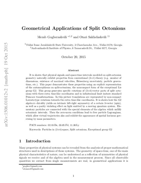 (PDF) Geometrical Applications of Split Octonions | Merab Gogberashvili - Academia.edu