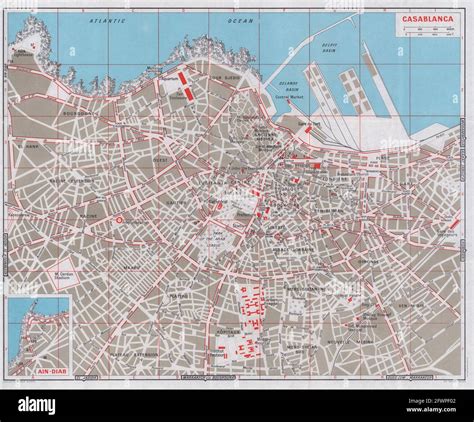 Casablanca vintage town city tourist plan. Morocco 1966 old vintage map chart Stock Photo - Alamy