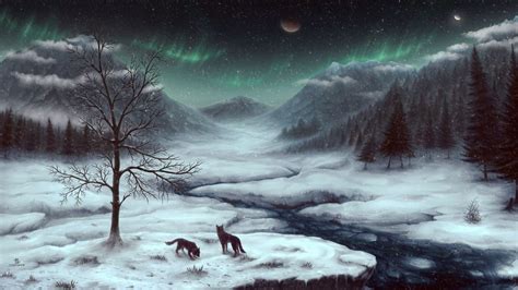 two dogs are standing in the snow near a tree with an aurora light above it