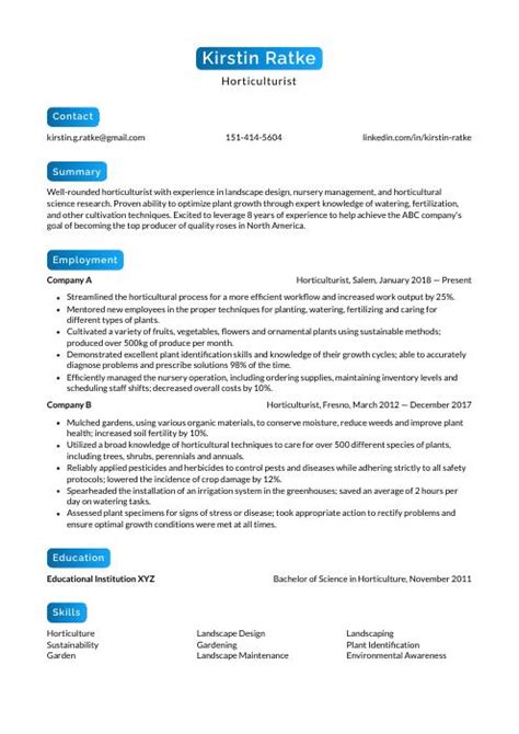 Horticulturist Resume (CV) Example and Writing Guide